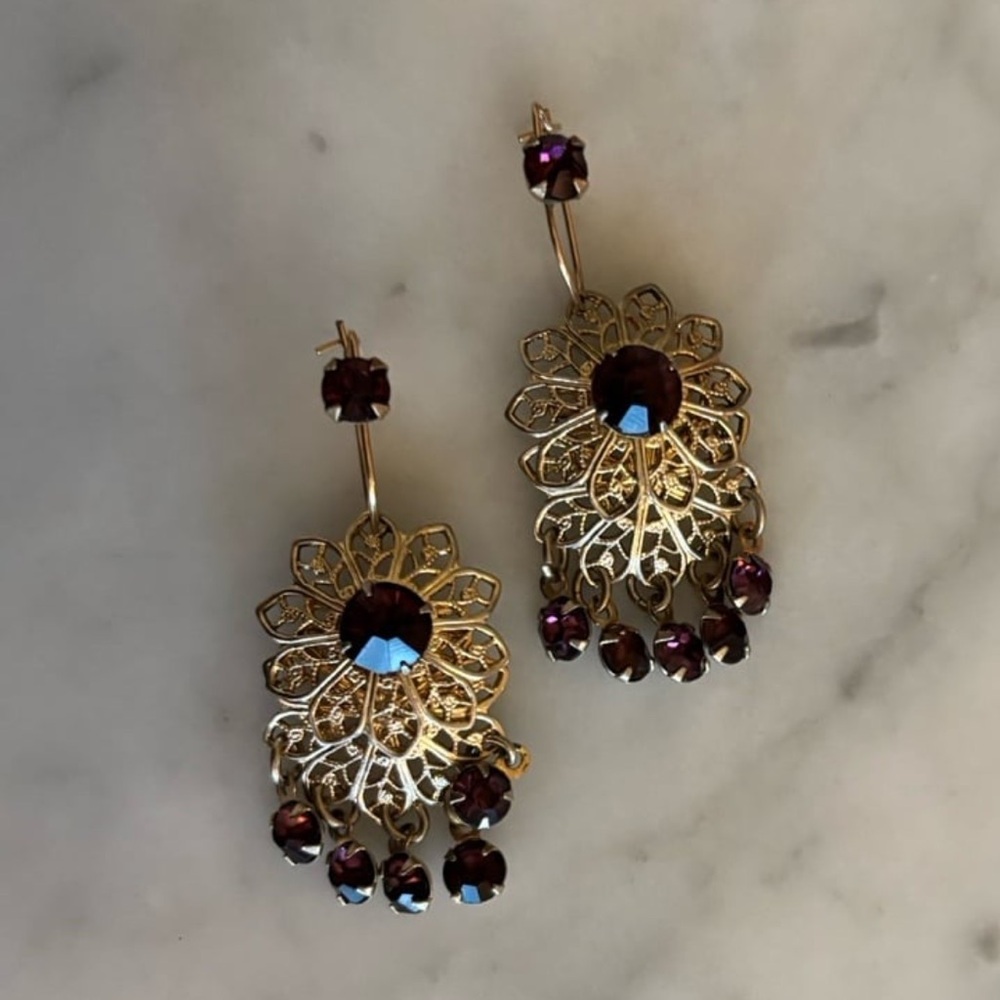 Vtg Filigree Dangle Chandelier Purple Amethyst Rhinestones Pierced Earrings